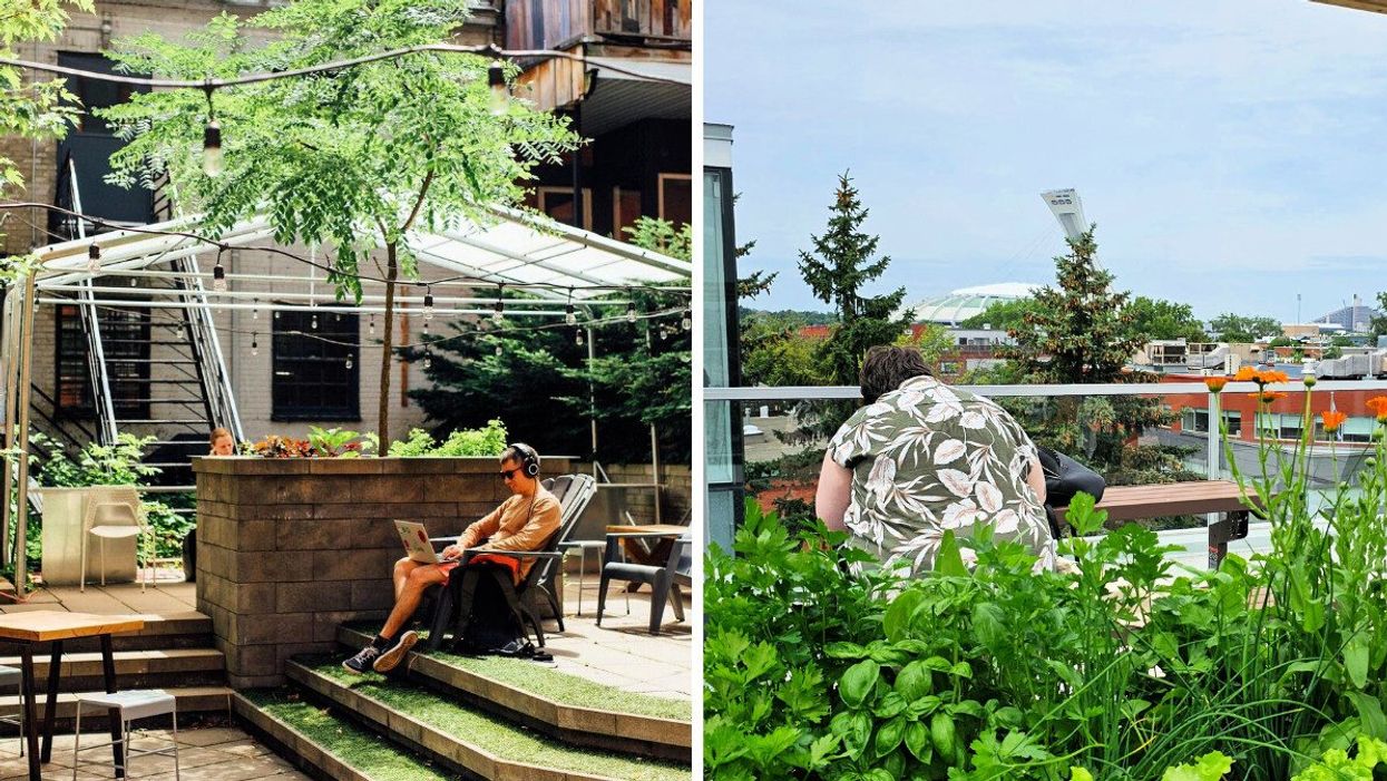 Someone sits with headphones and a laptop in an outdoor alcove. Right: A person reads on a rooftop terrasse overlooking the Olympic Stadium.