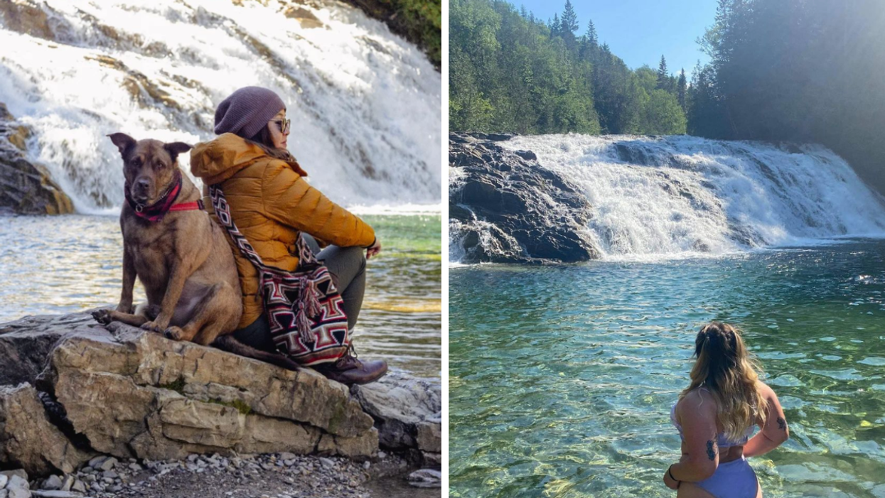 Someone sits with their dog on a rock in front of the Emerald River falls. Right: Someone stands in front of the water of the Emerald River.