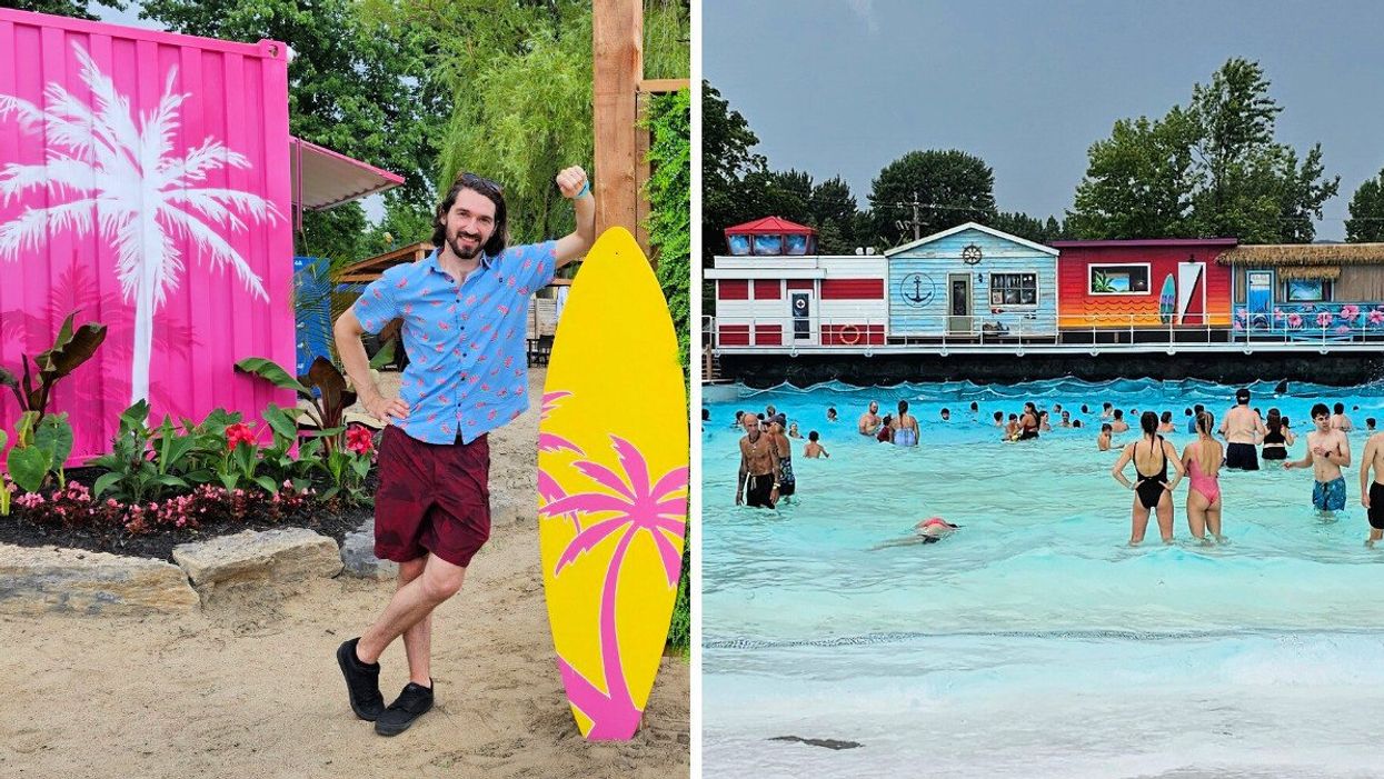 Someone stands by a yellow surfboard with a pink palm tree motif. Right: The Super Aqua Club wave pool overlooks California-style beach huts.