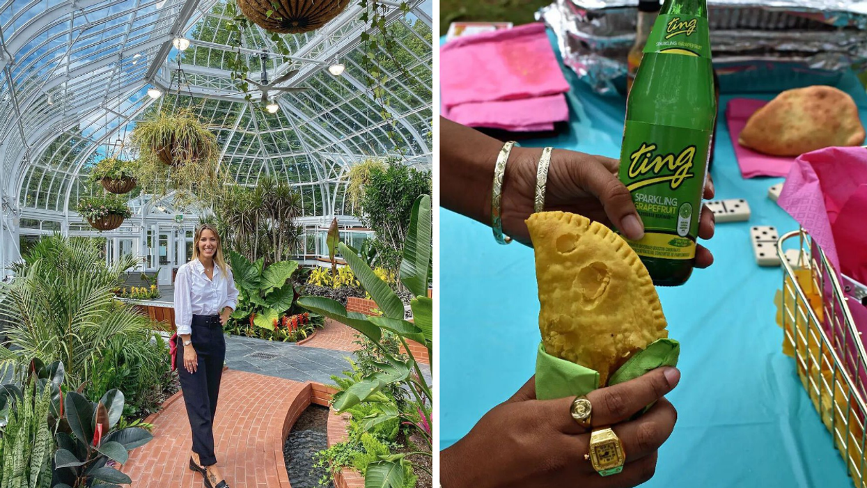 Someone stands in a greenhouse, surrounded by lush, green plants. Right: Someone holds a Jamaican patty and Ting soda.