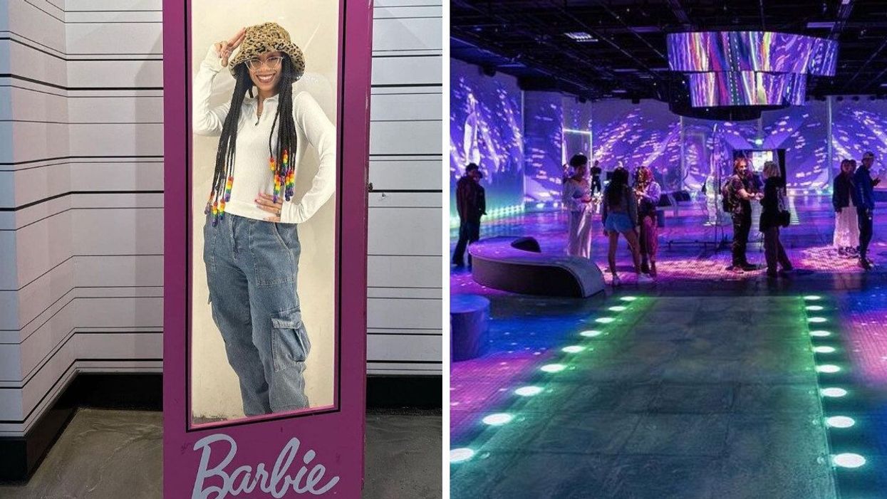 Someone stands in a life-sized Barbie doll box. Right: People in a room filled with neon-lit projections.