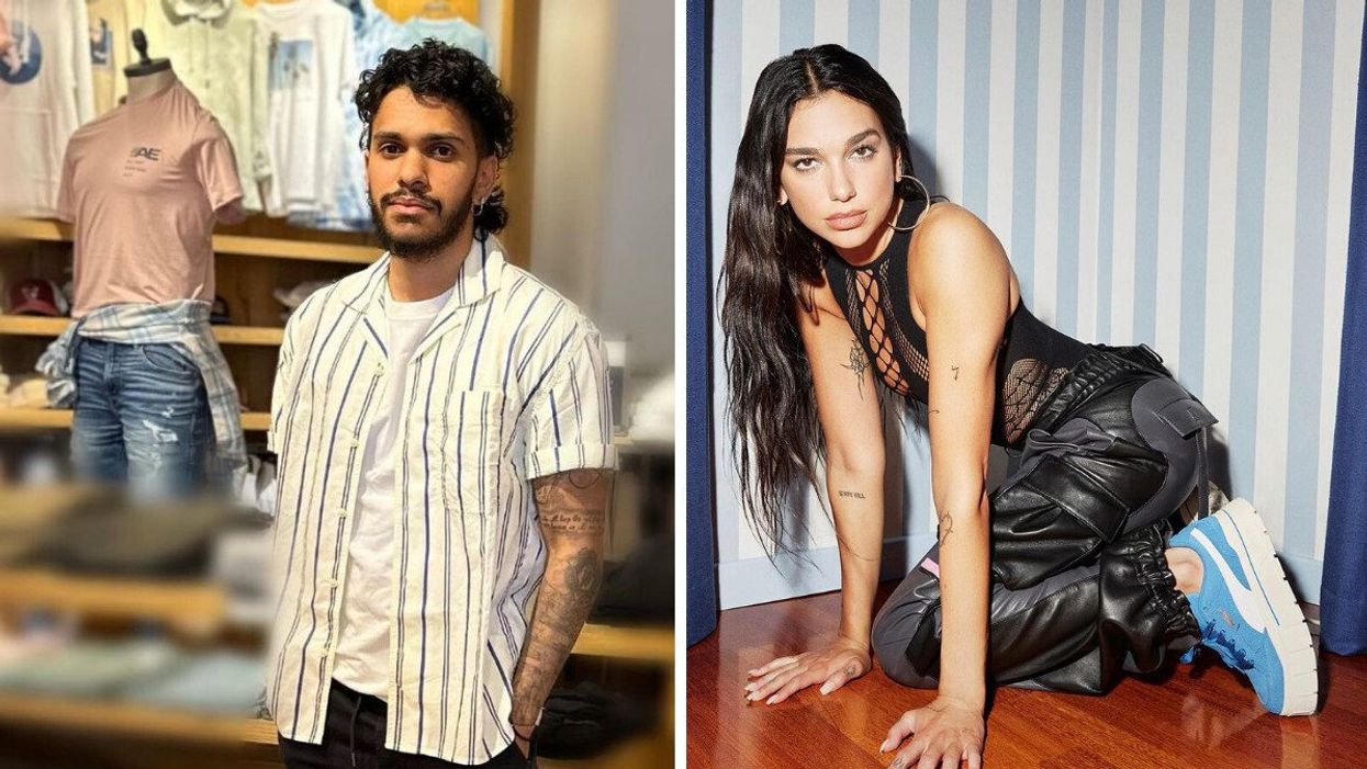 Someone stands in near American Eagle clothing racks. Right: Dua Lipa poses in PUMA sneakers.