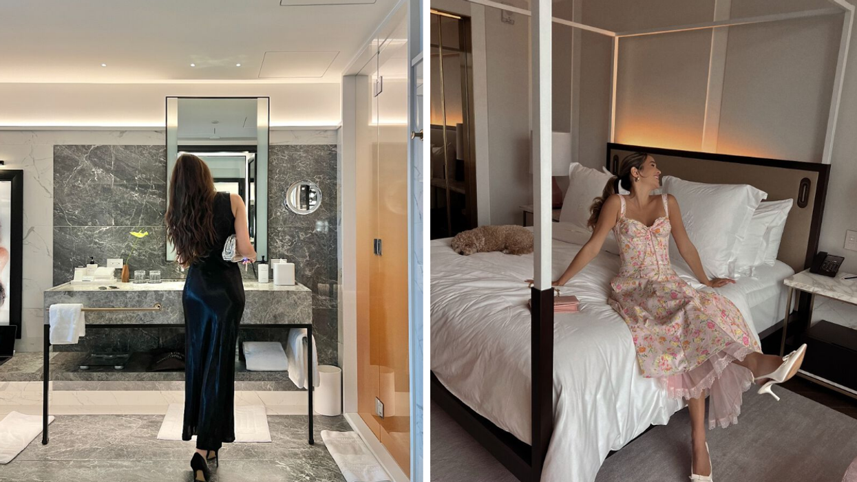 Someone stands in the bathroom of a luxurious Montreal Hotel. Right: Someone sits on the bed of a luxurious Montreal hotel room with their dog.
