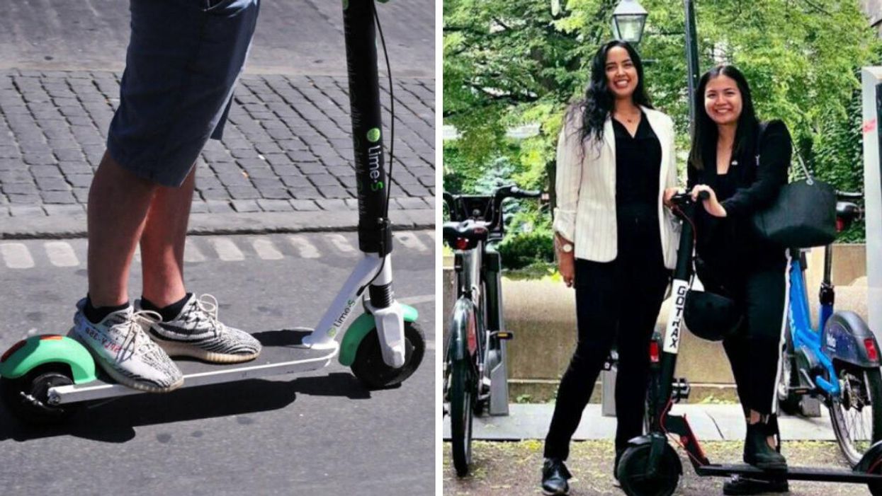 Someone stands on a Lime e-scooter in a bike lane. Right: Two Montreal city councillors pose with an electric scooter in front of a BIXI stand.