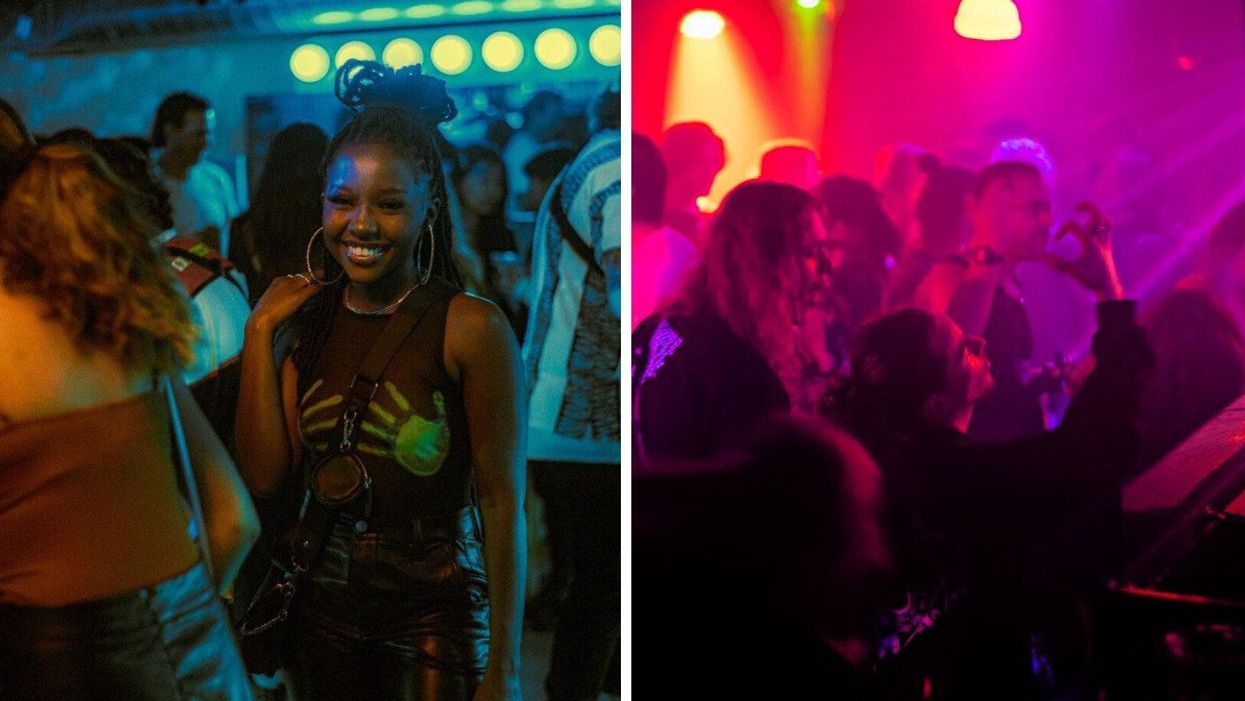 Someone stands on the dance floor at Club Pelicano in downtown Montreal. Right: People dance in front of the stage at Foufounes Electriques.