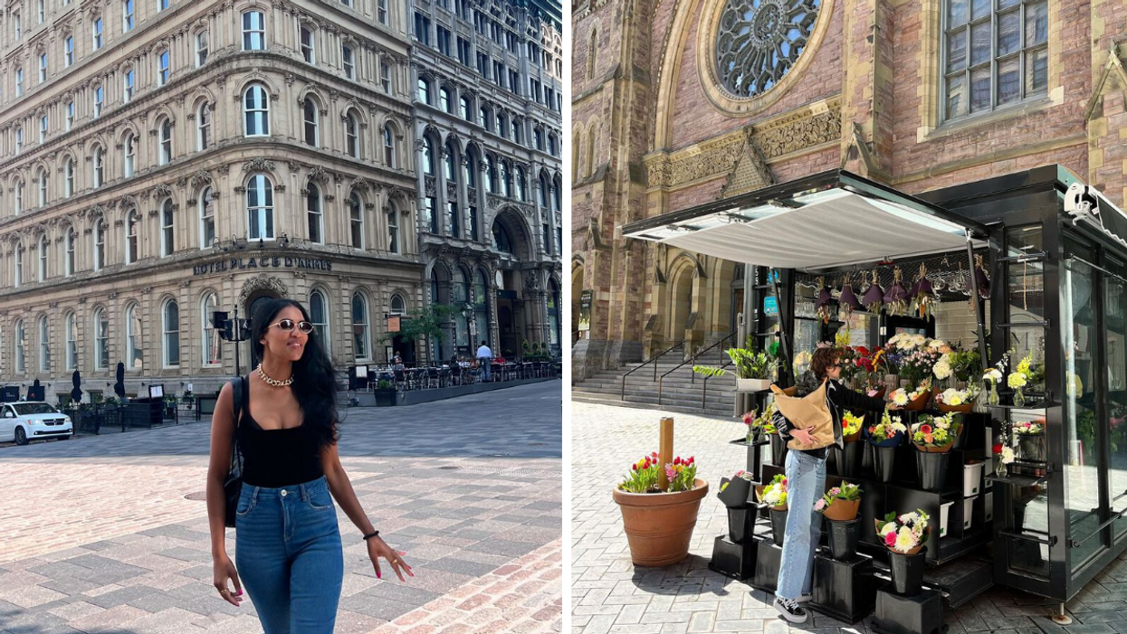 Someone stands outside of an upscale, neoclassical hotel. Right: A person shopping for bouquets at a flower stand in front of a historic church.