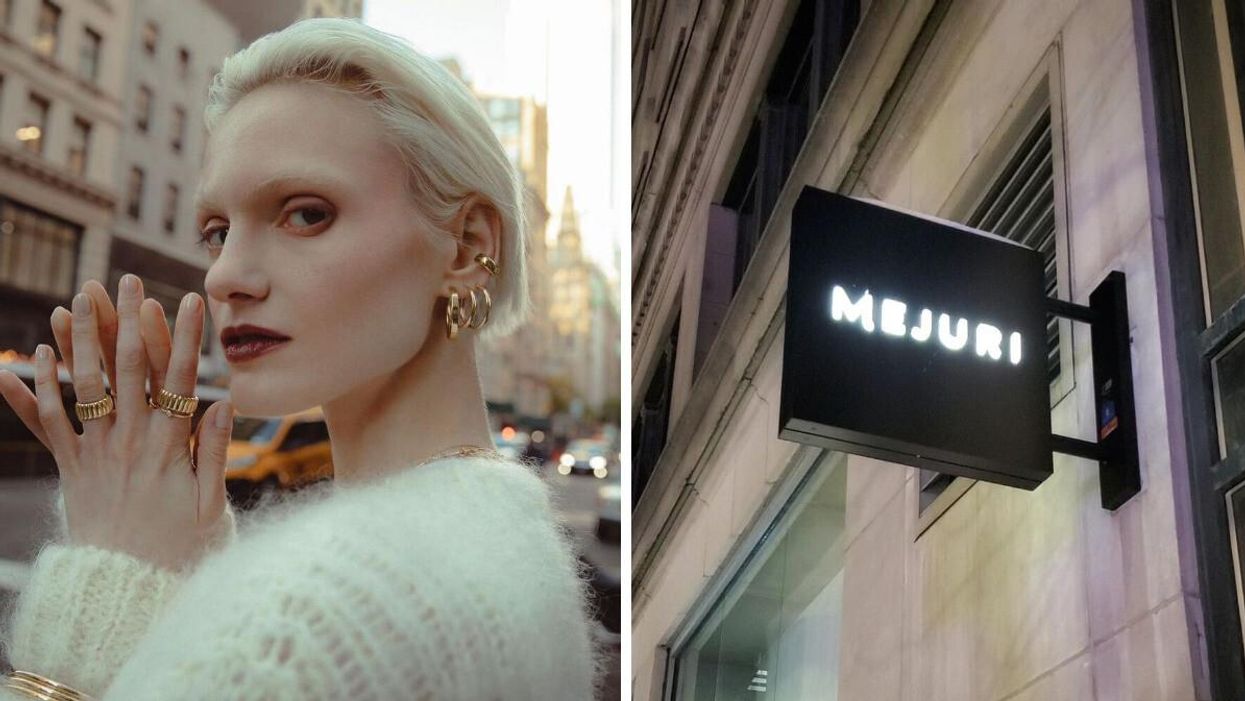 Someone stands outside wearing gold jewelry. Right: The Mejuri sign in downtown Montreal.