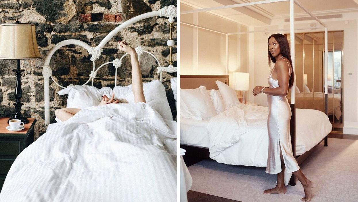 Someone stretches in a wrought iron bed in front of a stone wall. Right: A person in a silk nightgown poses in front of a four poster bed.