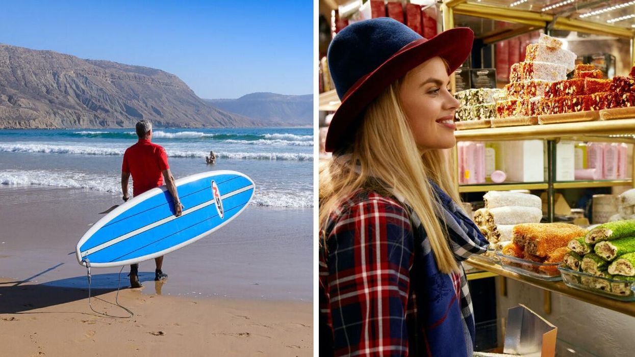 Someone takes a board into the water along the Moroccan coast. Right: A person looks at a selection of colourful Turkish sweets.
