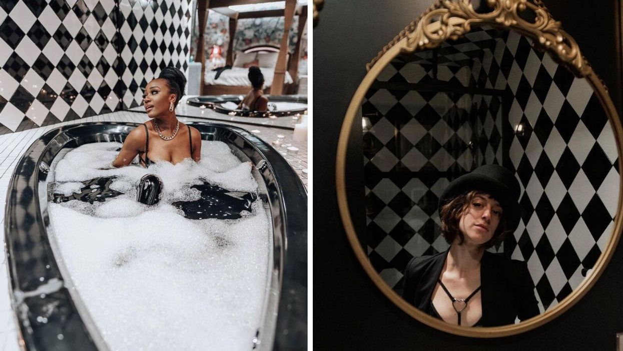 Someone takes a bubble bath in a heart-shaped tub. Right: A person in a top hat looks into a gold mirror.