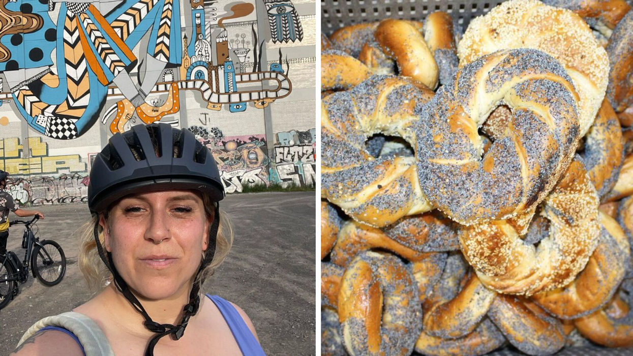 Someone takes a selfie in front of a mural while wearing a bicycle helmet. Right: A pile of large twisted bagels topped