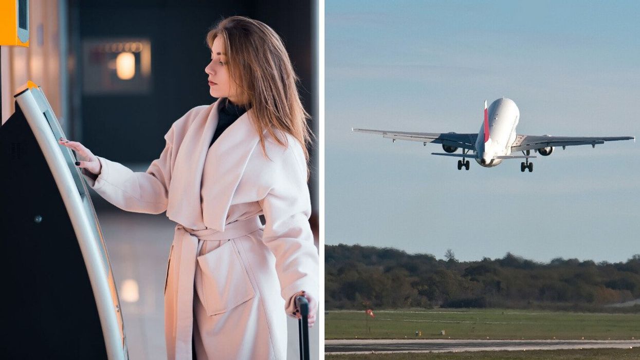 Someone uses an airport self-service terminal. Right: A plane takes off.