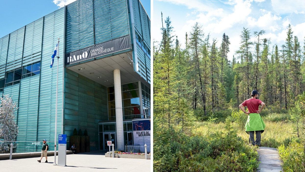 Someone walks outside the Montreal BANQ. Right: A person surveys the bog at Les Grands-Jardins National Park.