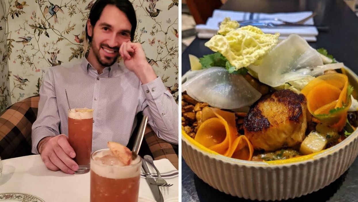Someone wearing a collared shirt holds a drink sitting at a restaurant table in front of bird wallpaper. Right: A bowl with vegan cassoulet at La Fabrique.