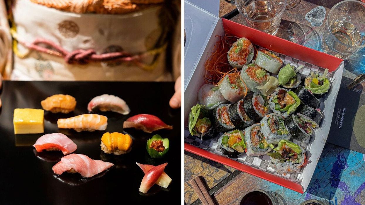 Someone wearing a kimono holds up a black plate filled with colourful nigiri. Right: A box of sushi rolls.