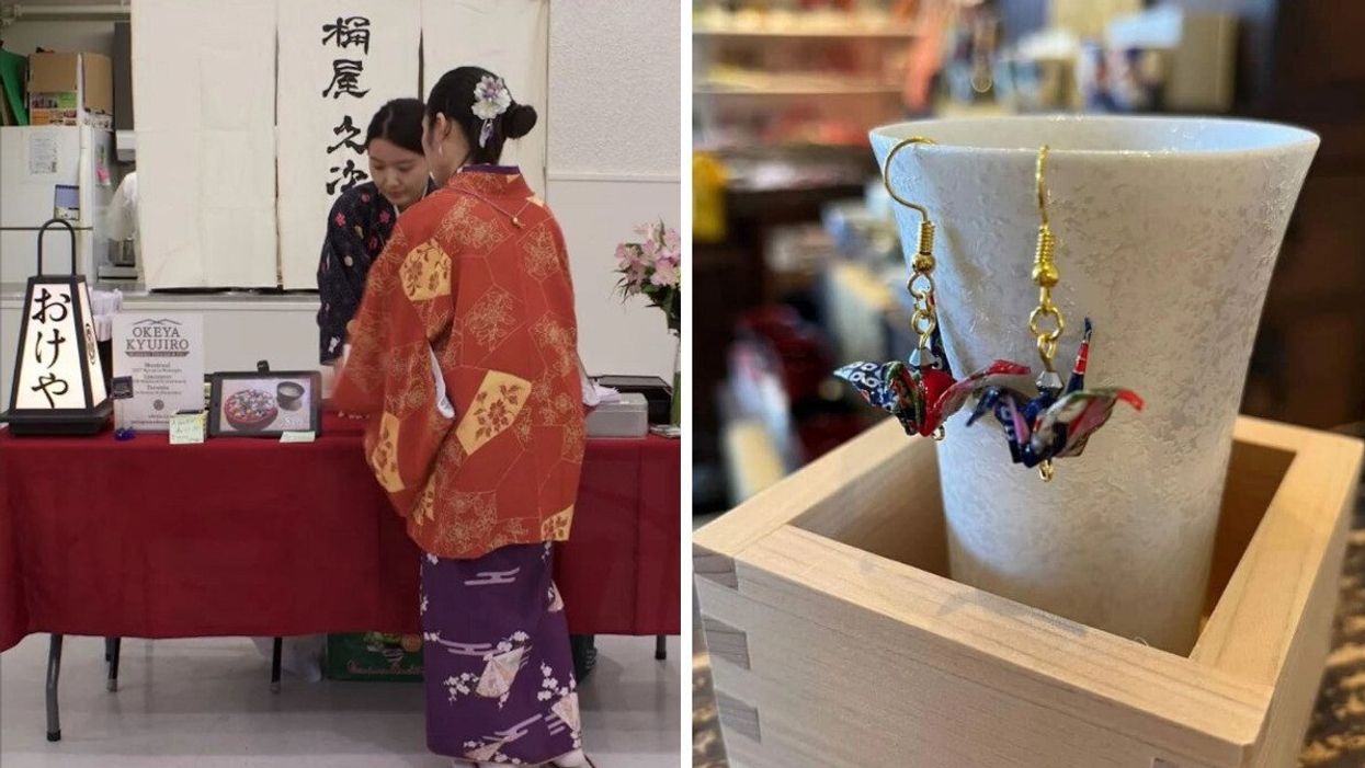 Someone wearing a red kimono looks at a Japanese Holiday Market booth. Right: Two origami swan earrings hang from the side of a ceramic vase.