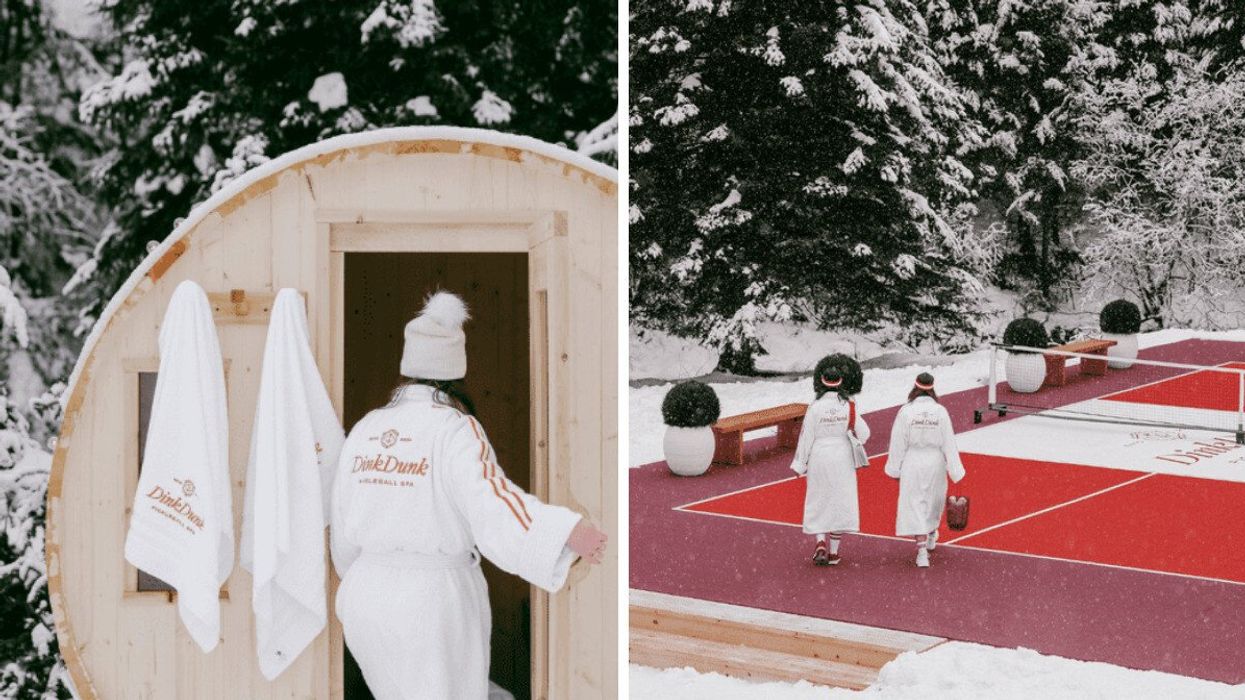 Someone wearing a white robe steps in to a barrel sauna covered in the snow. Right: Two people on a pickleball court during the winter.