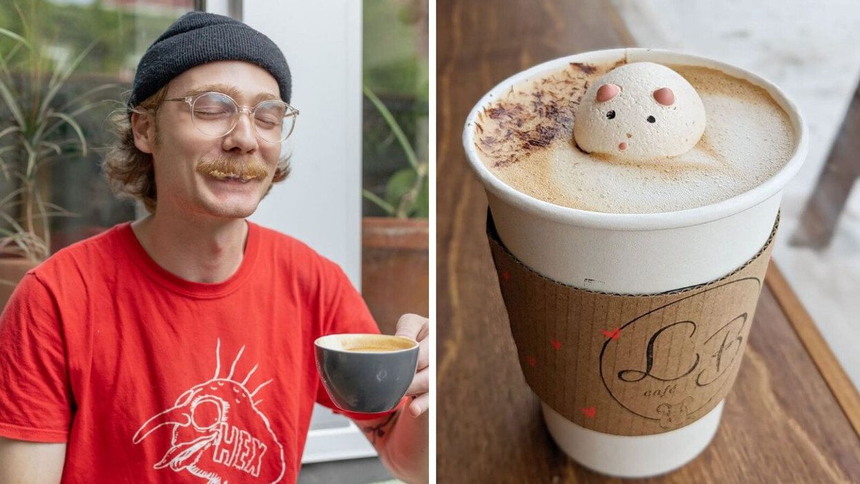 Someone with a milk moustache sips a latte. Right: A cup of coffee with a mouse meringue on top.