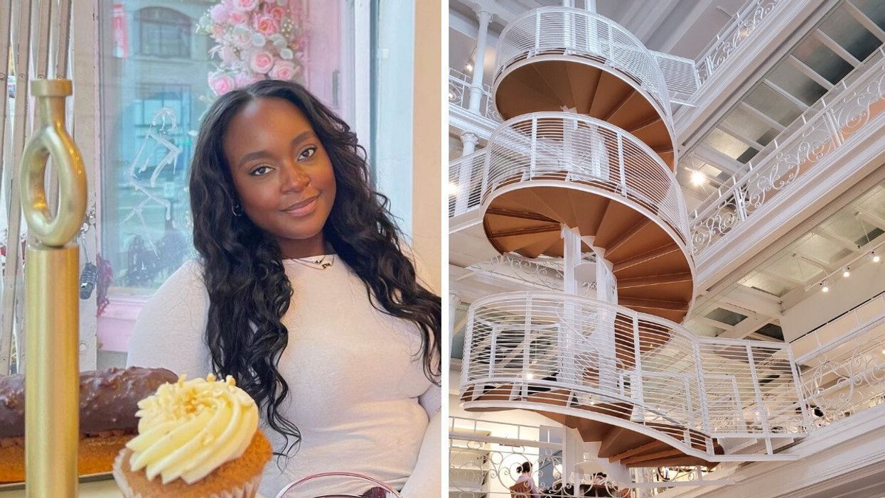 Someone with cupcakes and other pastries at Atelier Marjorie. Right: The spiral staircase at Montreal's BANQ.