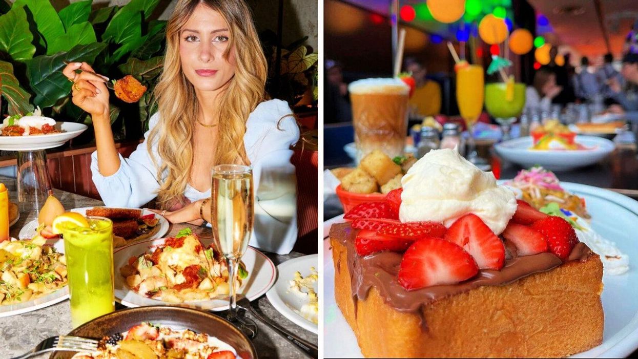 Someone with food on their fork sits at a table piled with colourful plates. Right: French toast topped with strawberries and whipped cream on a bar lined with fruity drinks.