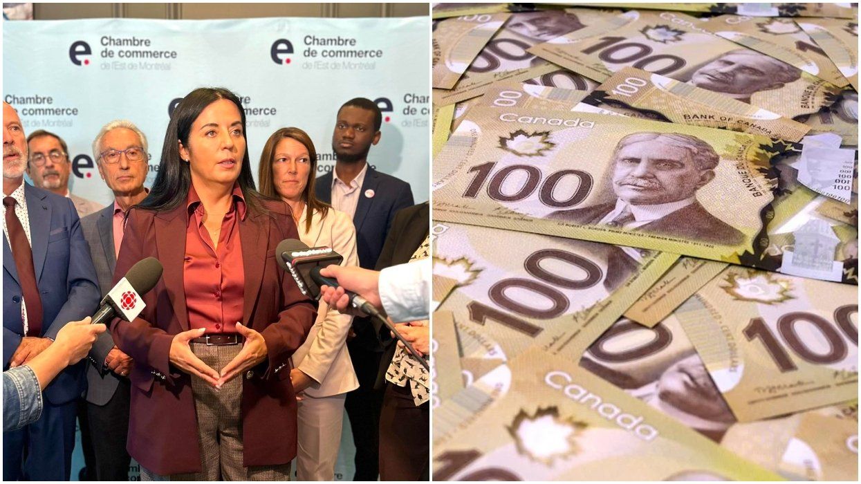 Soraya Martinez Ferrada gives a speech. Right: A stack of Canadian money.