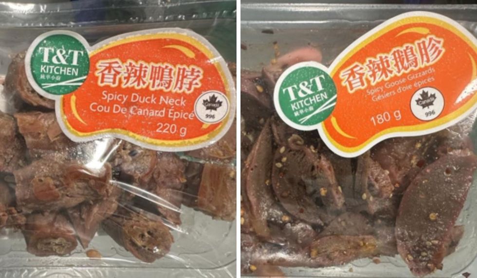 Spicy Duck Neck and Spicy Goose Gizzards packaged inside T&T grocery packaging.