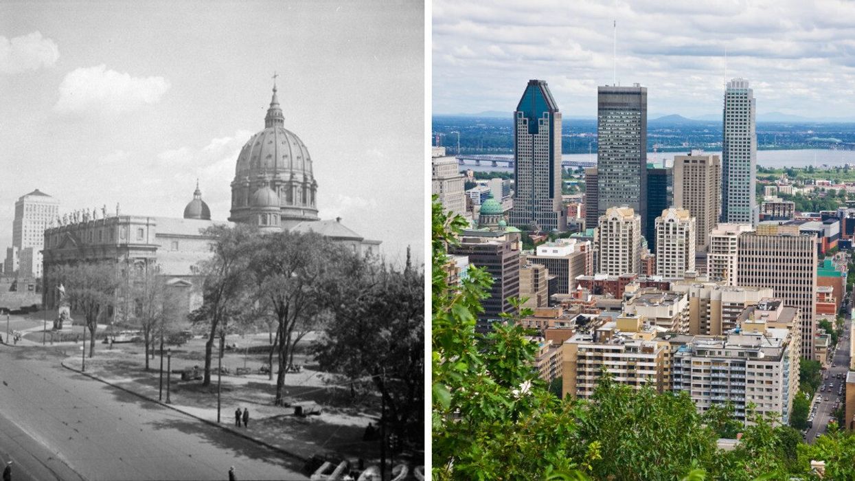 St. James Cathedral sits on a wide open Dorchester Boulevard next to Dorchester Square. Royal Bank Tower can be seen in the background. Right: A modern Montreal cityscape.