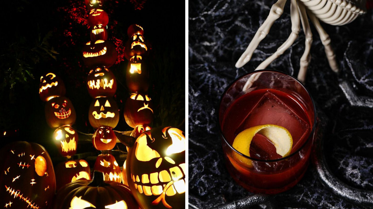 Stacks of carved pumpkins glow at Pumpkinferno. Right: A skeletal hand reaches for a sinister cocktail.