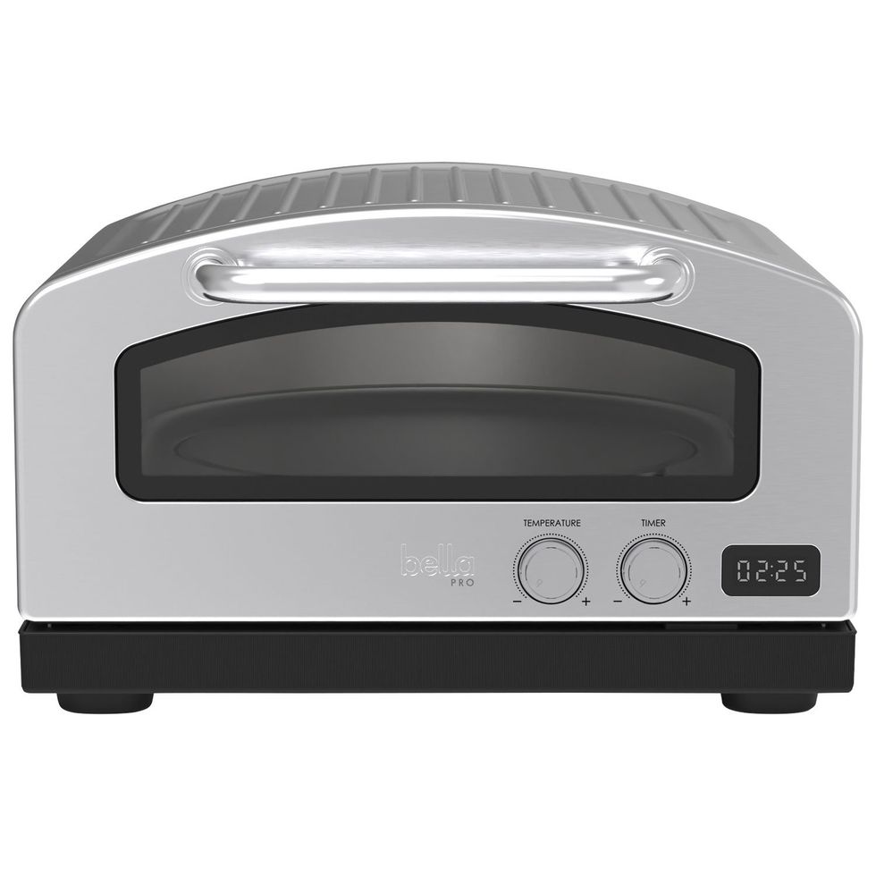 Stainless steel countertop pizza oven with temperature and timer controls