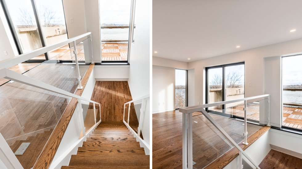 Stairs and a loft space in a condo for sale in Habitat 67.