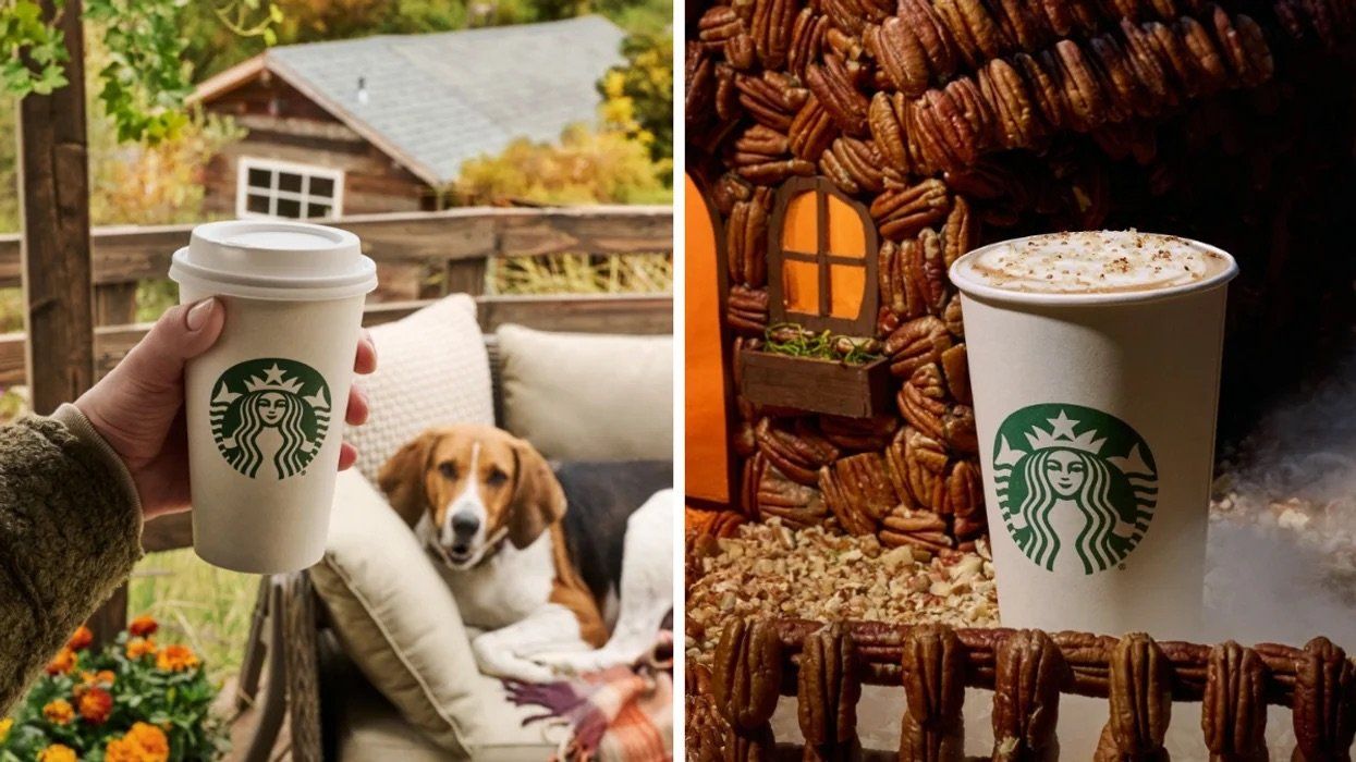 Starbucks coffee cups in front of fall scenes (illustrative).