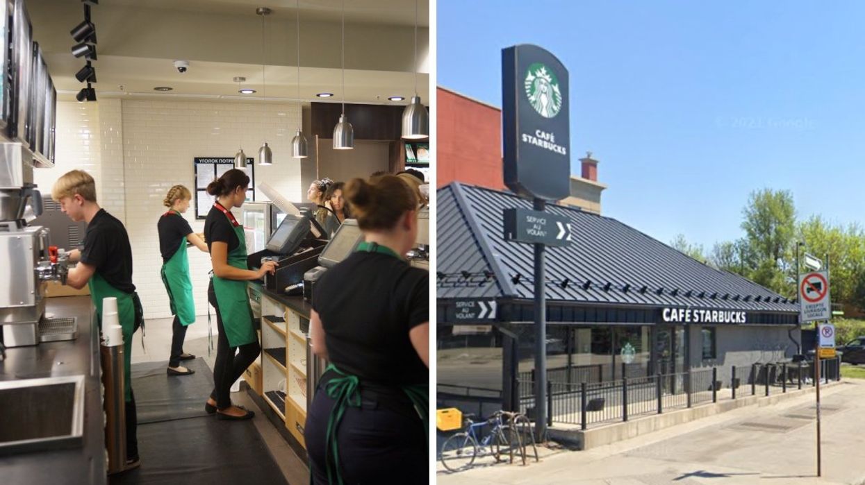 Starbucks employees working behind the counter. Right: The exterior of the Starbucks located in Montreal, Quebec.