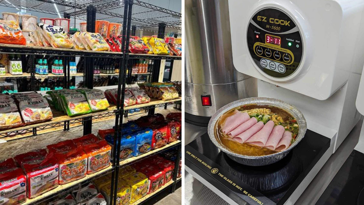 Stocked shelves with ramen and other foods at an Asian grocery store in Montreal. Right: A special machine for cooking ramen at Le Fullsun in Montreal.