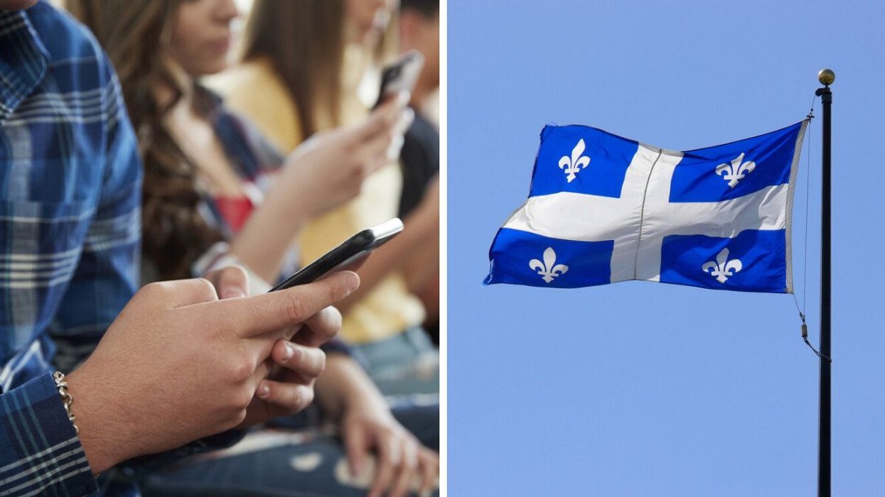 Students using cell phones. Right: A Quebec flag waving.