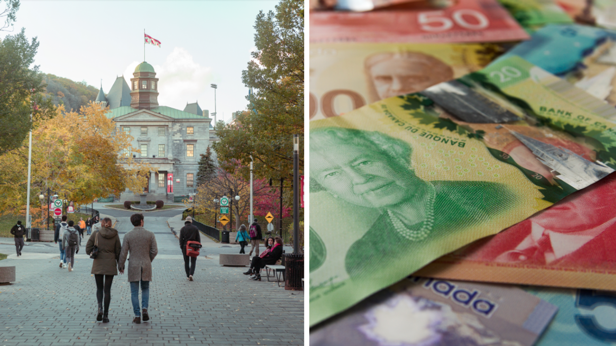 Students walking toward McGill University in Montreal. Right: Canadian currency.