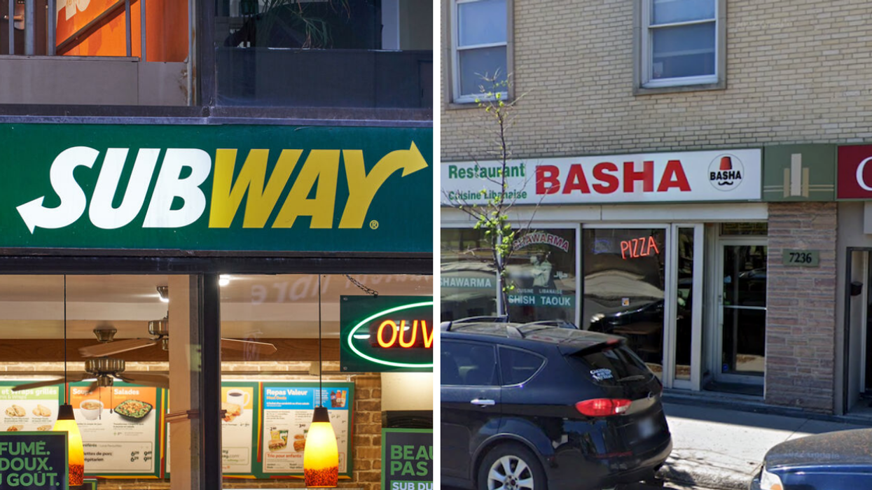 Subway fast food restaurant logo and entrance in Montreal. Right: The exterior of a Montreal Basha location.
