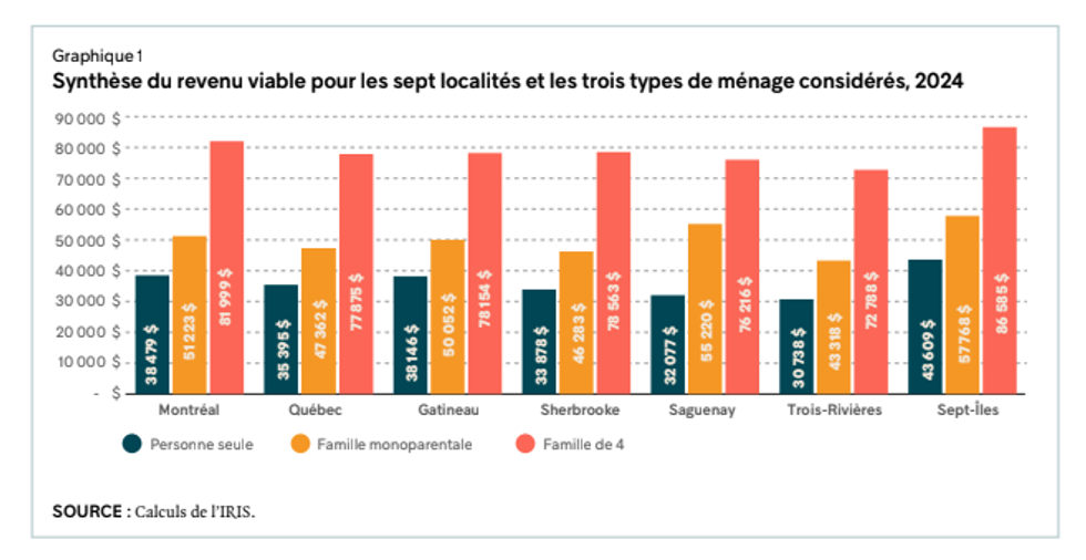 Summary of viable income for the seven localities and the three types of household considered, 2024.