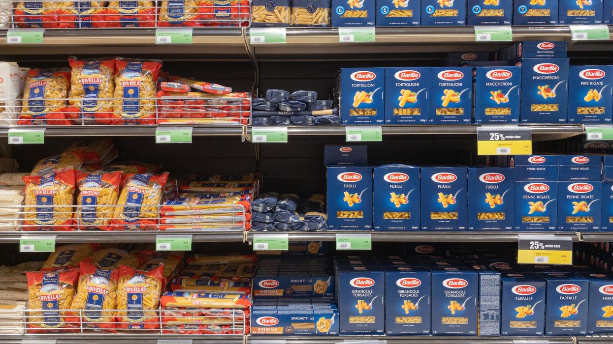 Supermarket aisle with Barilla pasta.