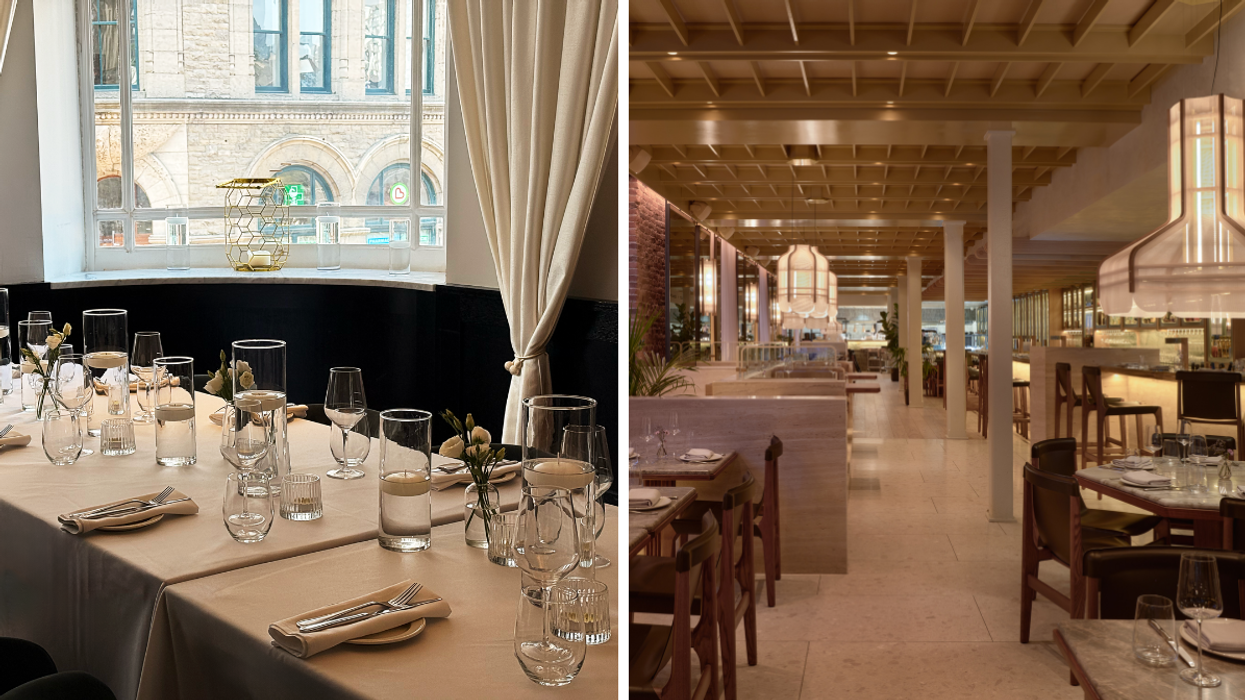 Table set for private dining near a window with natural light. Right: Spacious restaurant interior with cozy booths and pendant lights.
