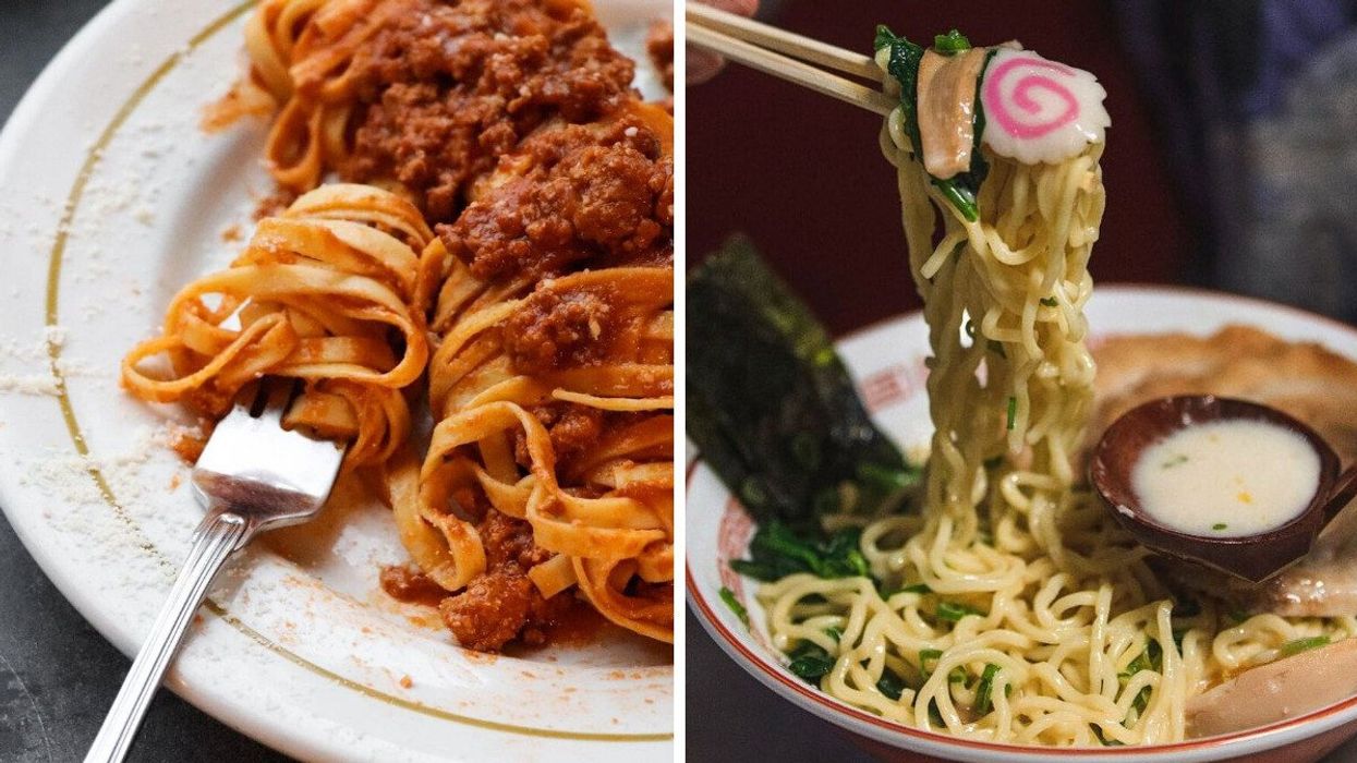 Tagliatelle with meat sauce spun around a form. Right: Chopsticks holding up ramen noodels.