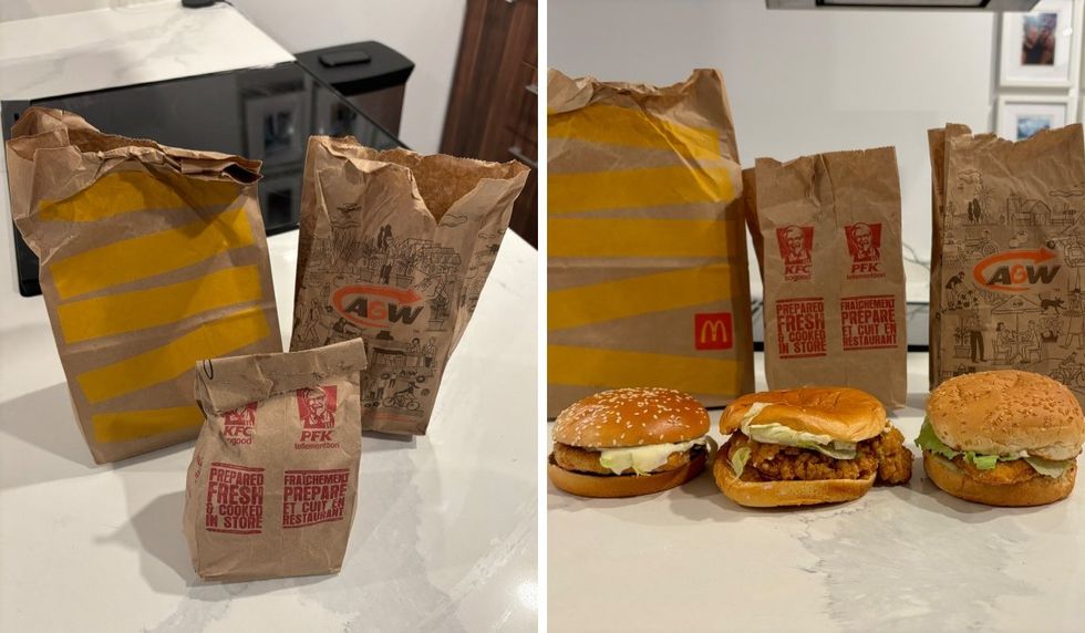 Takeout bags from McDonalds, A&W and KFC. Right: \u200bA photo of chicken sandwiches from McDonald's, KFC and A&W lined up on a countertop.