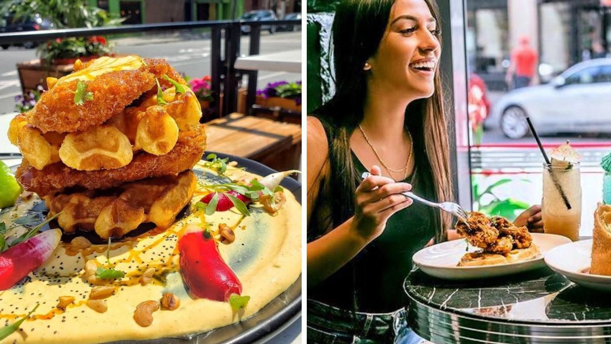 Tandoori fried chicken and masala waffles from India Rosa, Right: a person eats Southern-style chicken and waffles at Deville Diner Bar.
