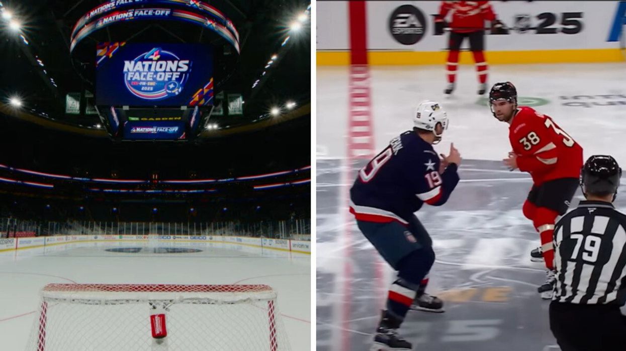 TD Garden in Boston ahead of a 4 Nations Face-Off game. Right: Canadian and American hockey players square off at the Bell Centre in Montreal.