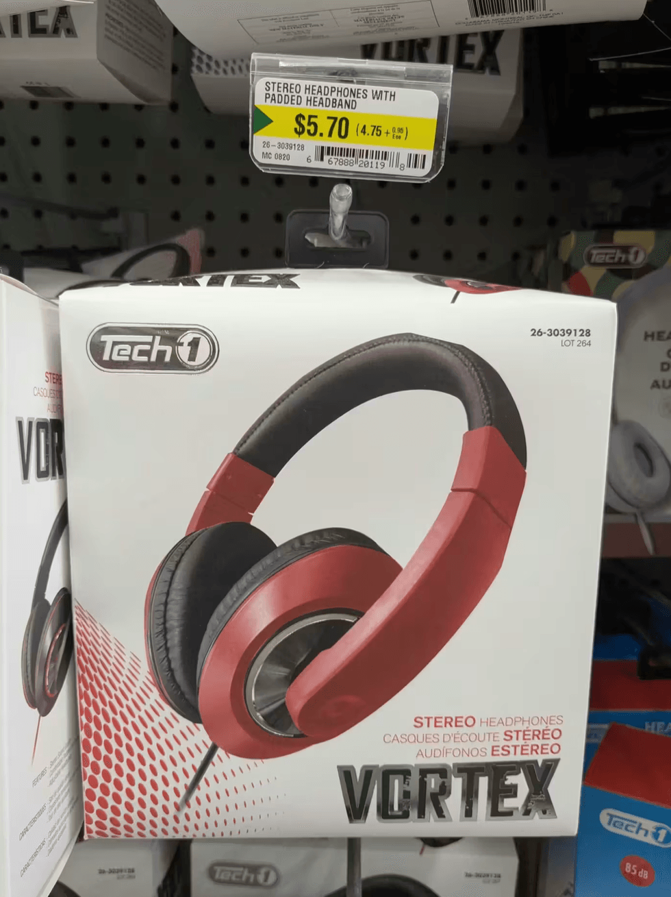 Tech1 Vortex stereo headphones on shelf at Dollarama priced at $5.70.