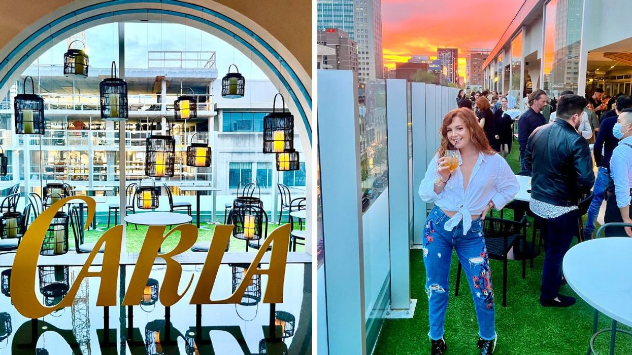Terrasse Carla in Montreal, Right: Woman in front of the sunset on a Montreal terrasse.