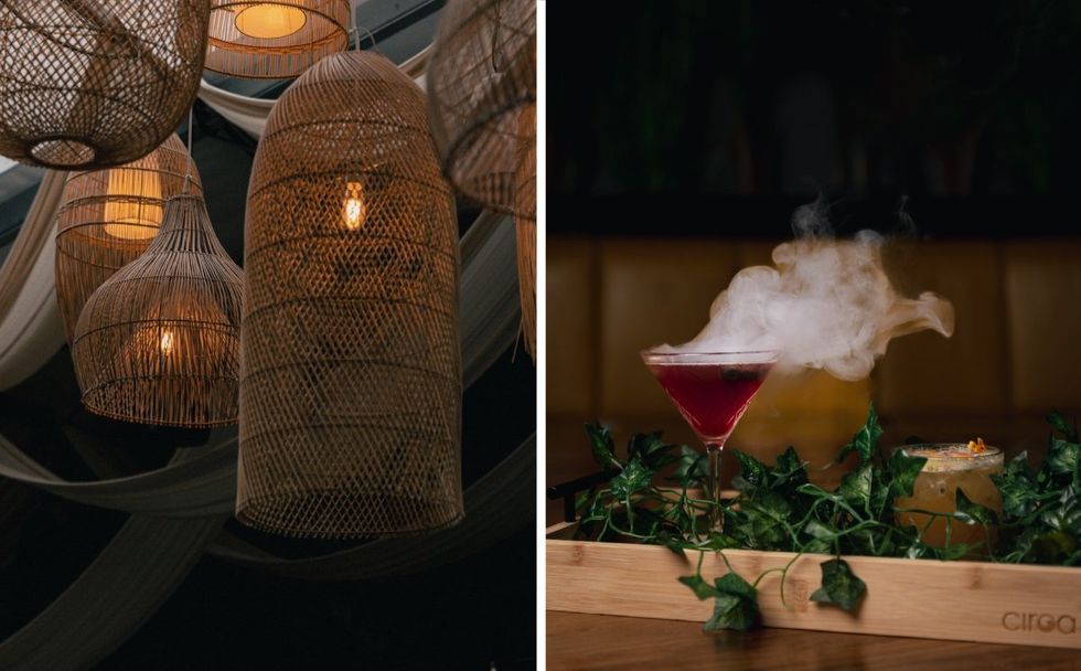 Terrasse Maya decor. Right: A cocktail at Terrasse Maya.