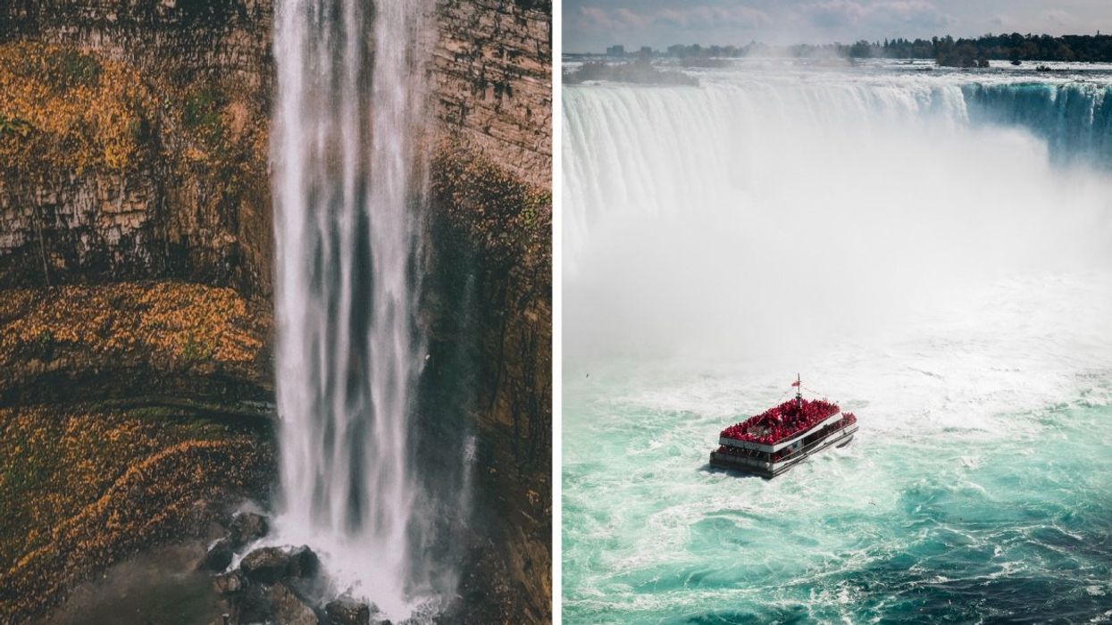 Tew's Falls in Ontario, Right: A boat carrying tourists near the Niagara Falls.