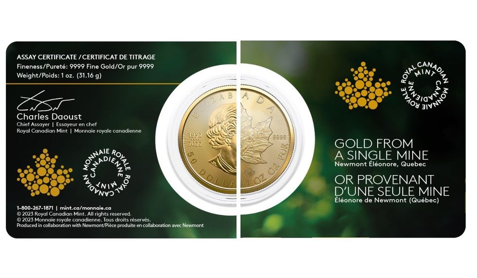 The 2023 $50 1 ounce 99.99%Pure Gold Maple Leaf Single-Source Mine bullion coin.The 2023 $50 1 ounce 99.99%Pure Gold Maple Leaf Single-Source Mine bullion coin.The 2023 $50 1 ounce 99.99%Pure Gold Maple Leaf Single-Source Mine bullion coin.
