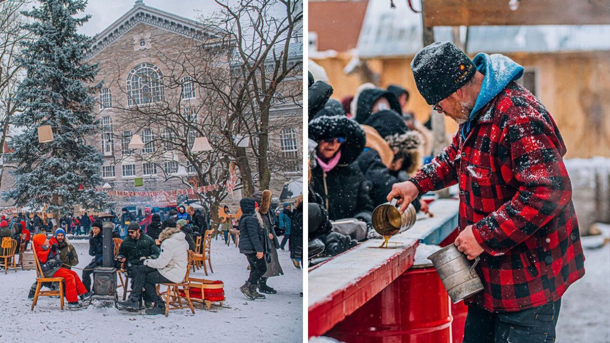 The 2024 Cabane Panache festival in Verdun. Right: A man pours maple syrup on snow.