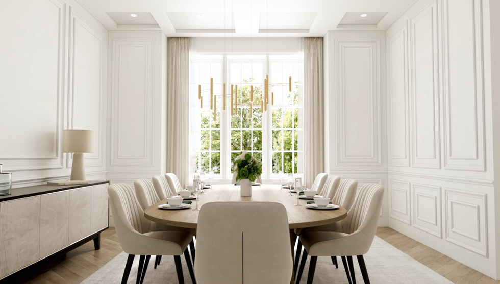 The airy dining room, dressed in cream.